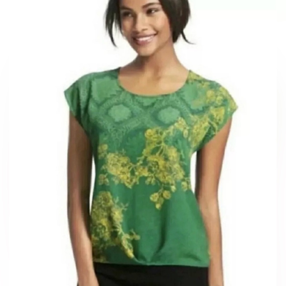 CAbi Envy Green and Yellow Chiffon Blouse